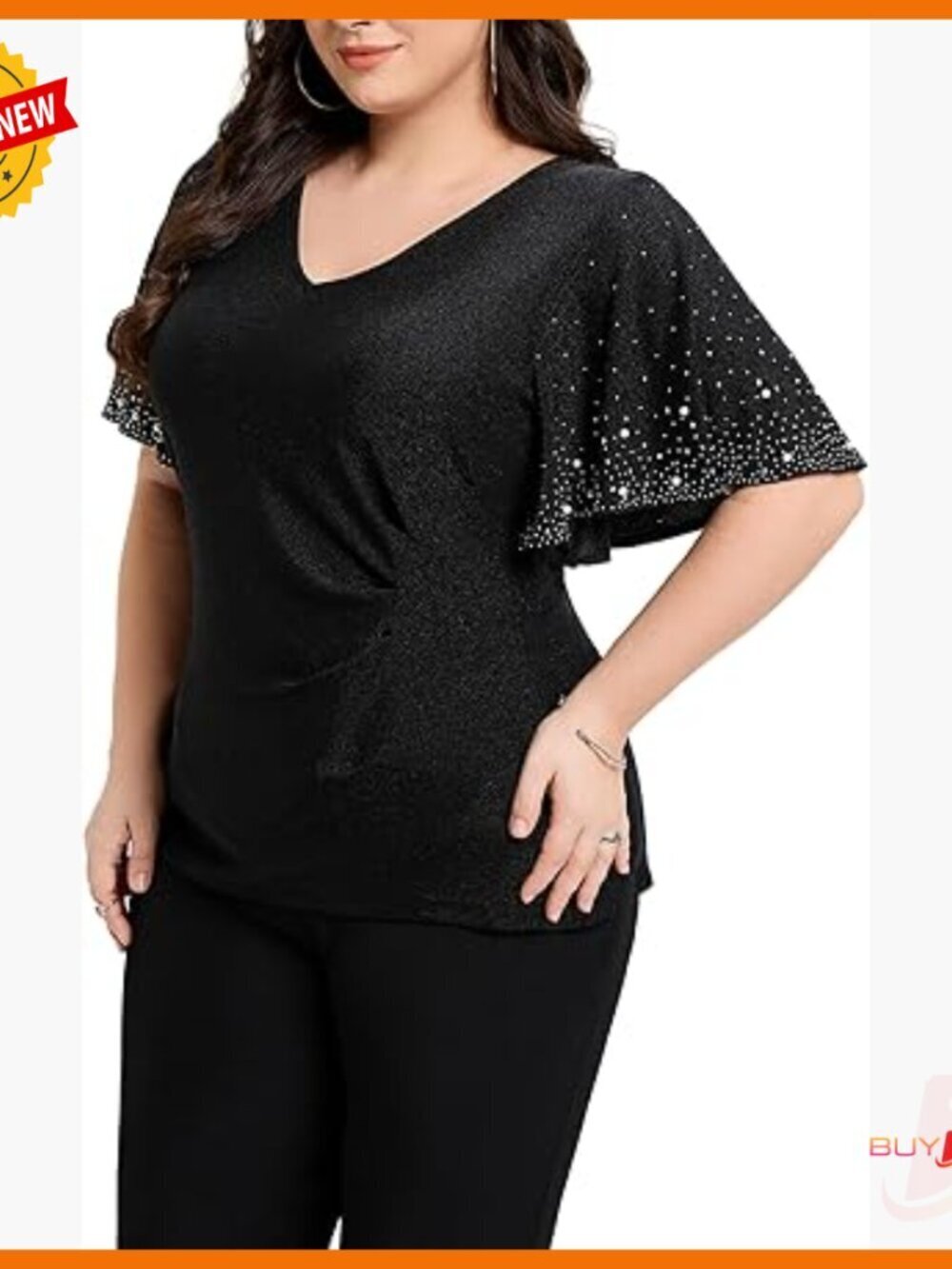 Plus Size V Neck Beaded Glitter Top Short Sleeve Formal Blouse
